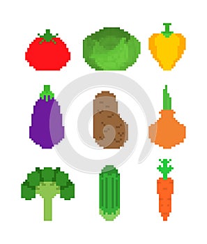 Vegetables pixel art set. 8 bit Vegetable. Pixelate Tomato and cabbage. Bell pepper and eggplant. Potatoes, onions and broccoli.