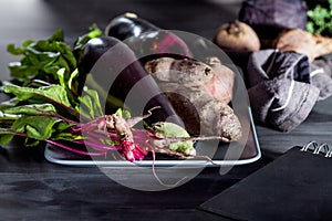 Vegetables on a plate with notebook