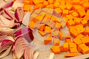 Vegetables - pumpkin and red onion - on a tray prepared for roasting in the oven