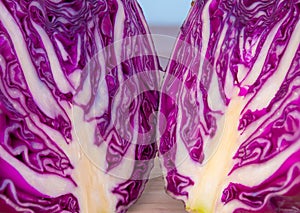 Vegetables, Purple cabbage on cutting boards on Wooden table .