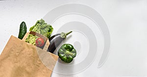 Vegetables, red and green peppers, eggplant, cucumber, lettuce and a rubber glove lie on a paper bag on isolated background. Top