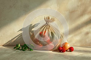 Vegetables in reusable bag on marble background. Generative AI