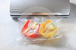 Vegetables in sealed vacuum packing bags. Su-video cooking.