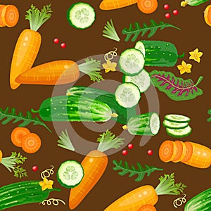 Vegetables seamless pattern of different fresh cucumber, carrot. Vector.