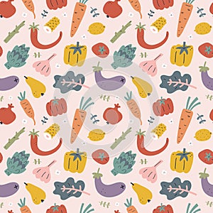 Vegetables seamless pattern, food ornament with fruits, foods ingredients illustrations, hand drawn print for kitchen