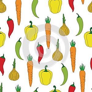 Vegetables, seamless pattern, hand drawn colorful doodle veggies. Carrots, peppers, onions