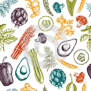 Vegetables seamless pattern. Healthy food background. Vegetarian food design. Vegetable, herb, spice sketches. Hand-drawn vector