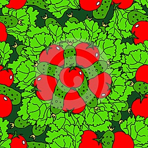 Vegetables seamless pattern with tomatoes, cucumbers and salad.