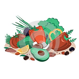 Vegetables, seeds, mushrooms, and nuts composition. Healthy food vector illustration. Fasting mimicking diet food, FMD
