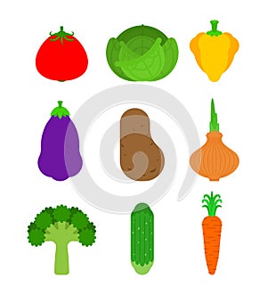 Vegetables set. cartoon Vegetable. Tomato and cabbage. Bell pepper and eggplant. Potatoes, onions and broccoli. Cucumber and