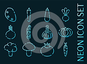 Vegetables set icons. Blue glowing neon style.