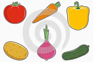 Vegetables set. Tomato, carrot, pepper or paprika, potato, onion and cucumber icons collection. Vector.