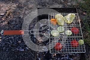 Vegetables slices between grill grates during grilling on brazier, outdoors