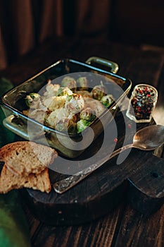 Vegetables in Slovak sauce baked with cheese in a rectangular shape