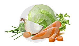 Vegetables for soup: cabbage, carrot, onion, scallion isolated on white background photo