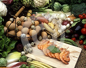 vegetables still life with prawns