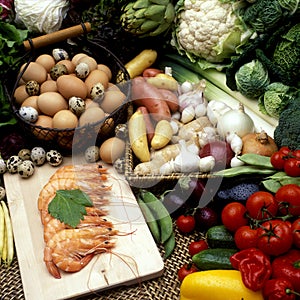 vegetables still life with prawns