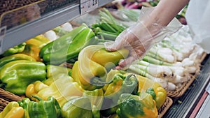 vegetables in supermarket. close-up. fresh sweet yellow pepper stacked on a counter in grocery store. a female hand in a