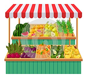 Vegetables supermarket stall. Fruits, vegetables wooden counter, grocery store organic food. Fresh vegetables local shop