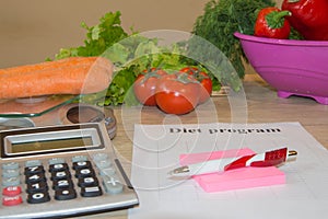 Vegetables, tomato. Measure tape and fresh vegetables in the background. Healthy lifestyle diet with fresh fruits