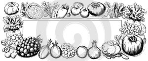 Vegetables top view frame. Farmers market menu design. Organic food poster. Vintage hand drawn sketch vector