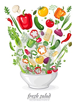 Vegetables in vegan salad on white background. Healthy organic food in a plate. Set of ingredients for cooking in flat style