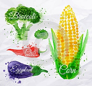 Vegetables watercolor corn, broccoli, chili,