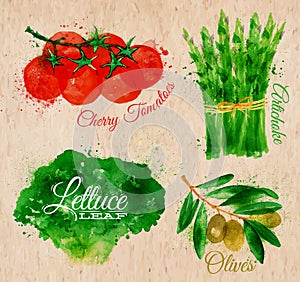 Vegetables watercolor lettuce, cherry tomatoes,