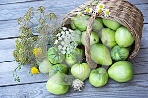 Vegetables in a wicker basket on a wooden background. Basket with fresh vegetables, dill and wild chamomiles. Harvesting tomatoes