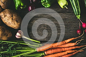 Vegetables on wood background, frame composition