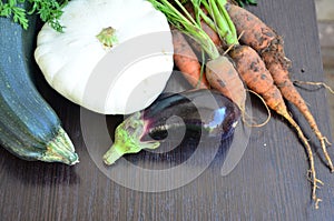 Vegetables on wood. Bio Healthy food, herbs and spices. Organic vegetables on wood. freshly picked vegetables, harvest