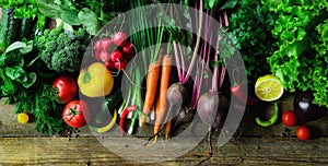 Vegetables on wooden background. Bio healthy organic food, herbs and spices. Raw and vegetarian concept. Ingredients