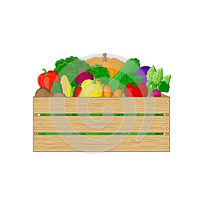 Vegetables in a wooden box on white background. Organic food illustration. Fresh vegetables from the farm. Natural, healt