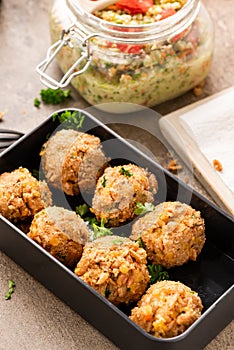 Vegetarial Falafel Balls in Lunch Box. Healthy Take Away Brunch Idea