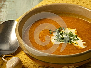 Vegetarian autumn pumpkin cream soup. Pumpkin soup with spices on a wooden table