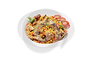 Vegetarian barley pilaf with eggplants, mushrooms, broccoli, tomatoes
