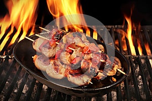Vegetarian BBQ. Vegetable Shish Kebabs On Hot Flaming Grill, Clo