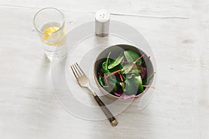 Vegetarian biodynamic food. Bowl salad spinach, beet leaves, water, lemon photo