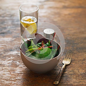 Vegetarian biodynamic food. Bowl salad spinach, beet leaves, water, lemon photo