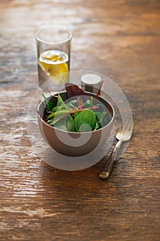 Vegetarian biodynamic food. Salad spinach, beet leaves, water, l photo
