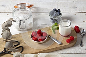 Vegetarian breakfast, plain yogurt with fresh raspberries and blueberries, healthy living