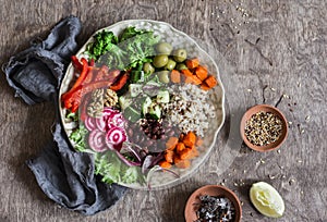 Vegetarian buddha bowl. Raw vegetables and quinoa in a one bowl. Vegetarian, healthy, detox food