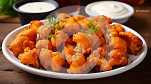 Vegetarian Buffalo Cauliflower Bites. Cauliflower buffalo wings with celery. AI Generative