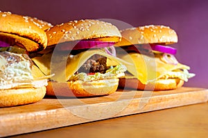 Vegetarian burger on a wooden board harvested in blank space. Stock photo vegan burger with plant foods