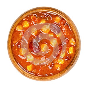 Vegetarian chili, also called chili sin carne, in a wooden bowl