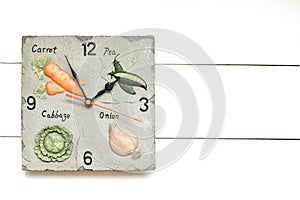 Vegetarian clock for vegetable diet, time to have breackfast, clock background, clock concept