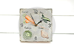 Vegetarian clock for vegetable diet, time to have breackfast, clock background, clock concept