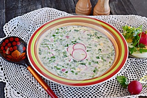 Vegetarian cold soup made of vegetables: potato, radish, dill, cucumber, with yogurt in a ceramic bowl. Traditional