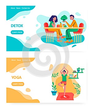 Vegetarian couple eat fruits and vegetables. Girl exercise and doing yoga at home. Concept illustration. Vector web site