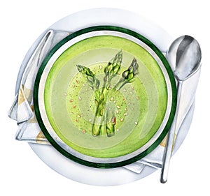 Vegetarian cream soup of asparagus watercolor